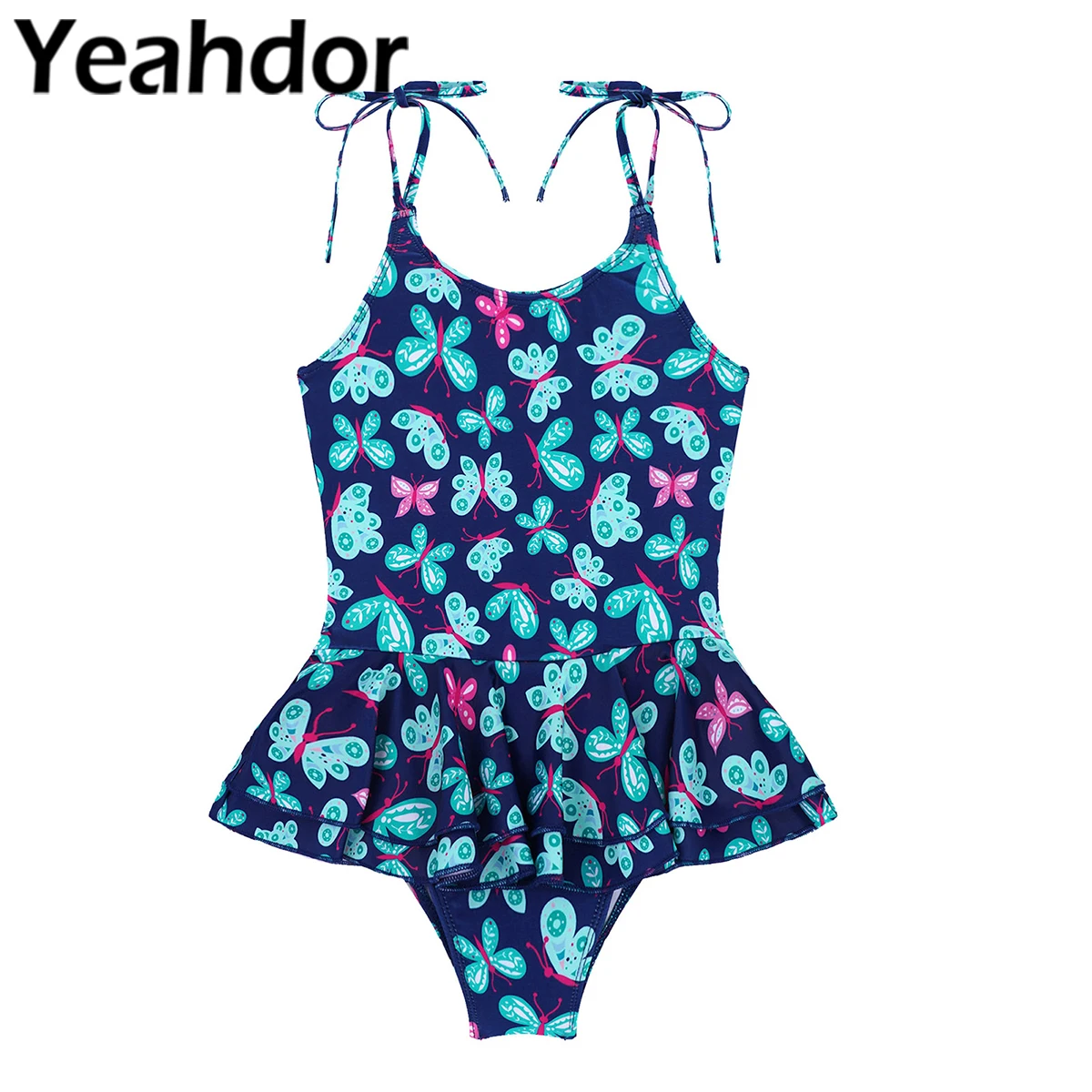 

Kid Girls Swimwear Swimming Suit Beachwear Adjustable Self Tie Straps Swim Bodysuit with Ruffle Hem Skirt Beach Bathing Swimsuit