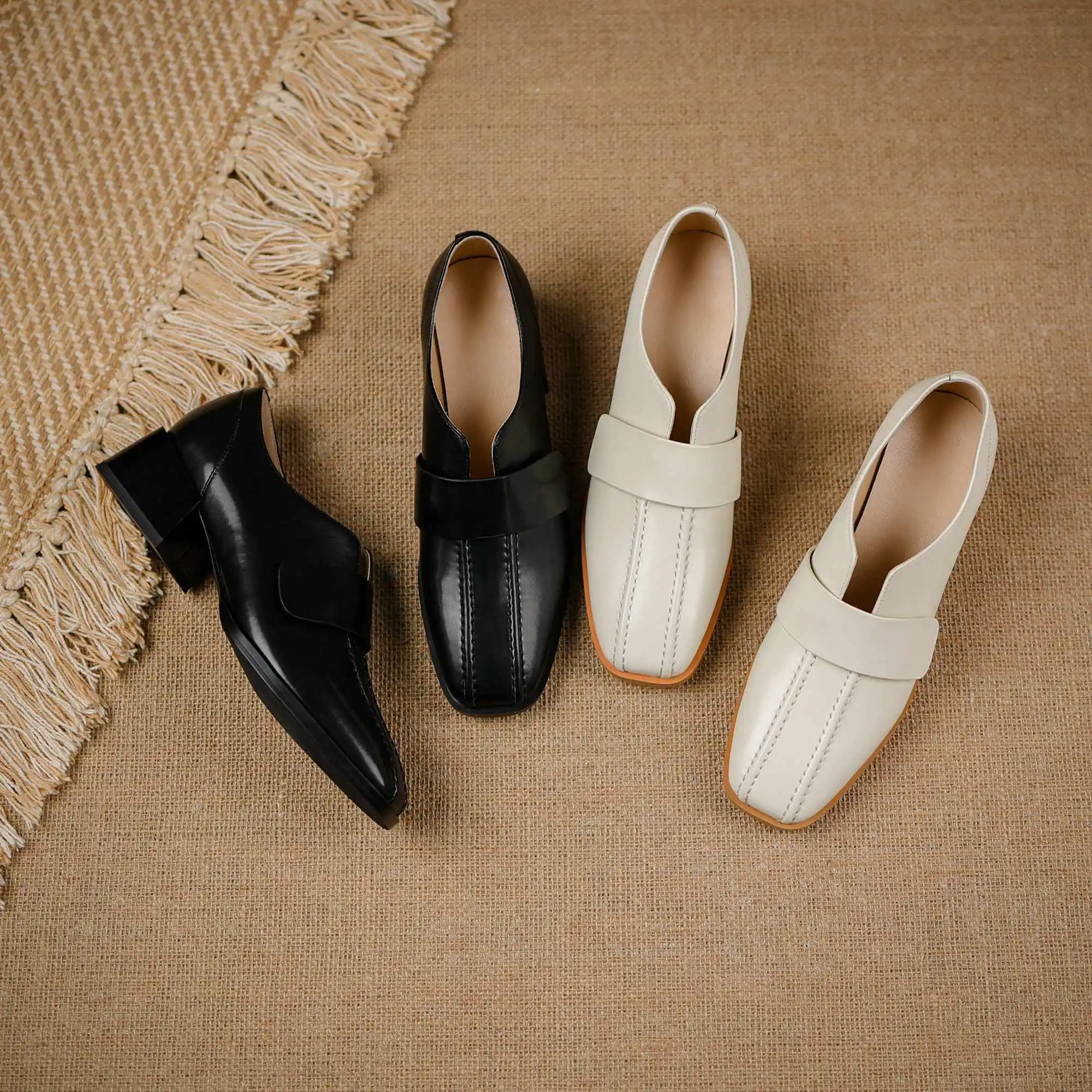 

Lanxuryee preppy style full grain leather concise style square toe thick med heel slip on beauty lady daily wear women pumps L08