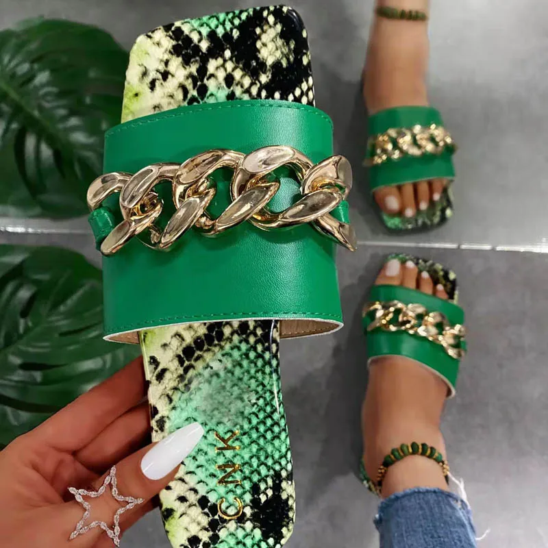 

2022Summer Luxury Designer Rhinestones Slippers Metal Chain Square Toe Leopard Print Flat Beach Sandals For Women Black Slides