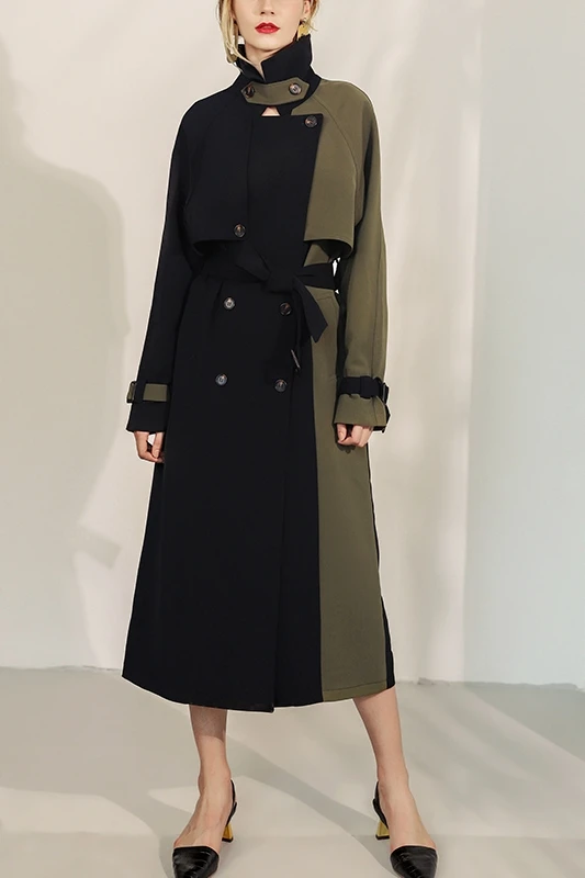 2019 осень/зима модный контрастный цвет рукава реглан двубортный женский ветровка