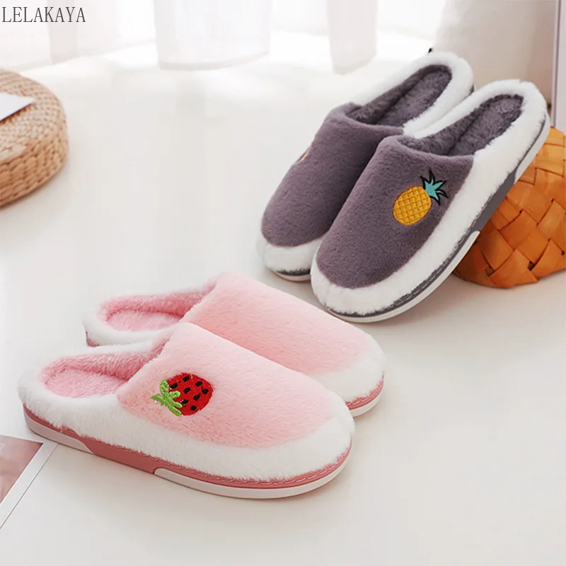 

Fruits Winter shoes Slippers Women Warm Plush Furry House Slides Flip Flops PU Waterproof Slippers Home Men's Indoor Slippers