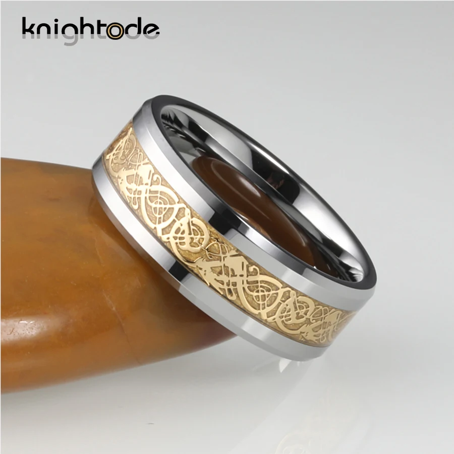 Обручальные кольца из карбида вольфрама 8 мм с золотым Драконом и метеоритом