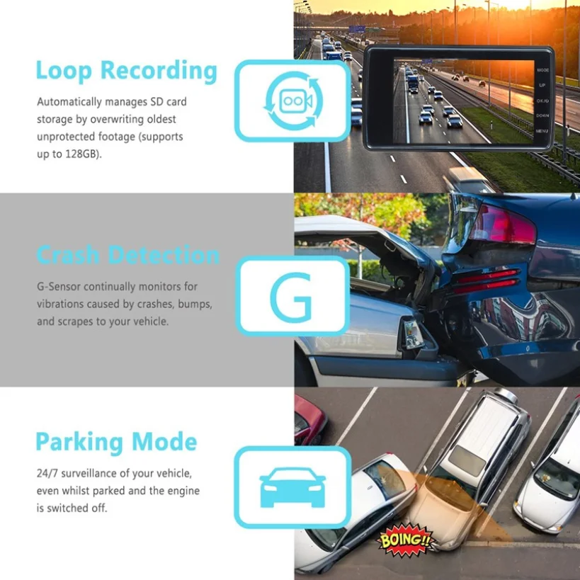 4 Inch Car Avto DVR Dash Cam HD 1080P Video recorder With Rear View Camera Dvr 2 in 1 Recording Night Vision G-sensor Dashcam | Автомобили