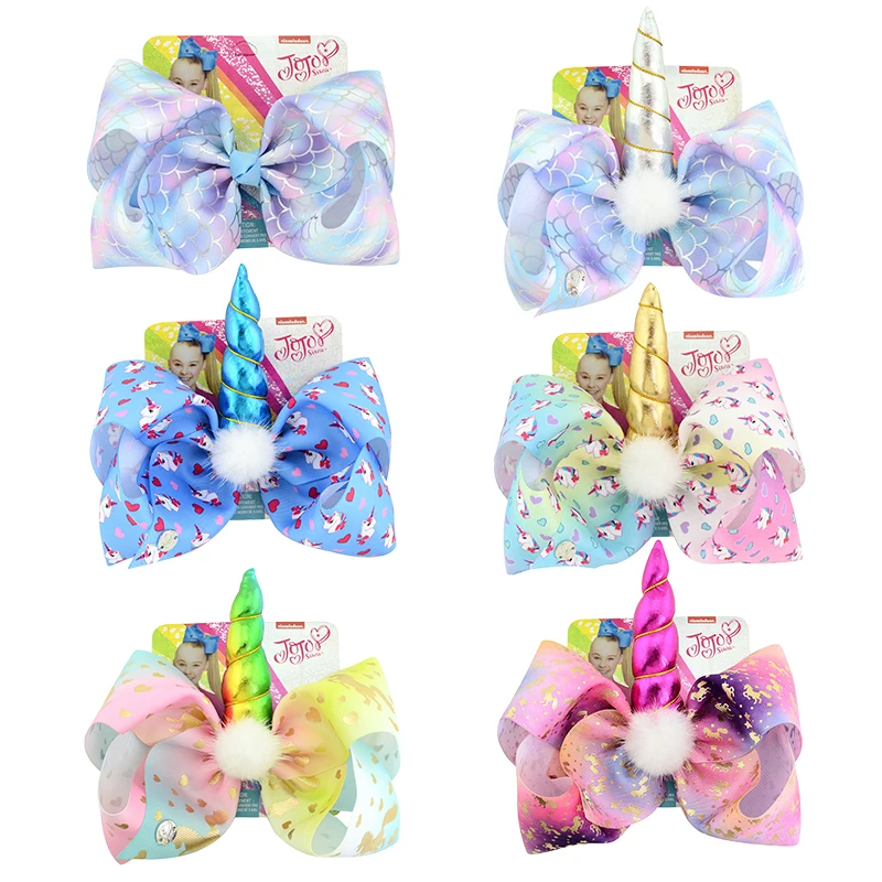 

8 inch Girls Large Jojo Hair Clip Bows With Metal & Card Sequin Rainbow Unicorn Horn Bow-knot 27 Styles Jumbo Jo Jo Ribbon bows