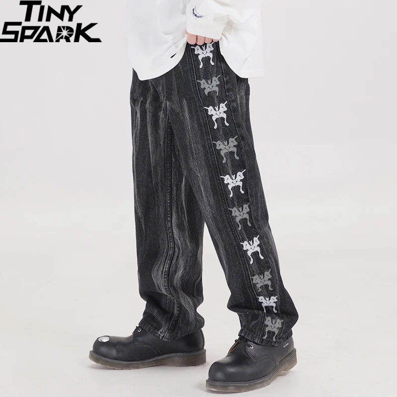 2020 уличная одежда брюки хип хоп мужские джинсовые вышитые бабочки черные