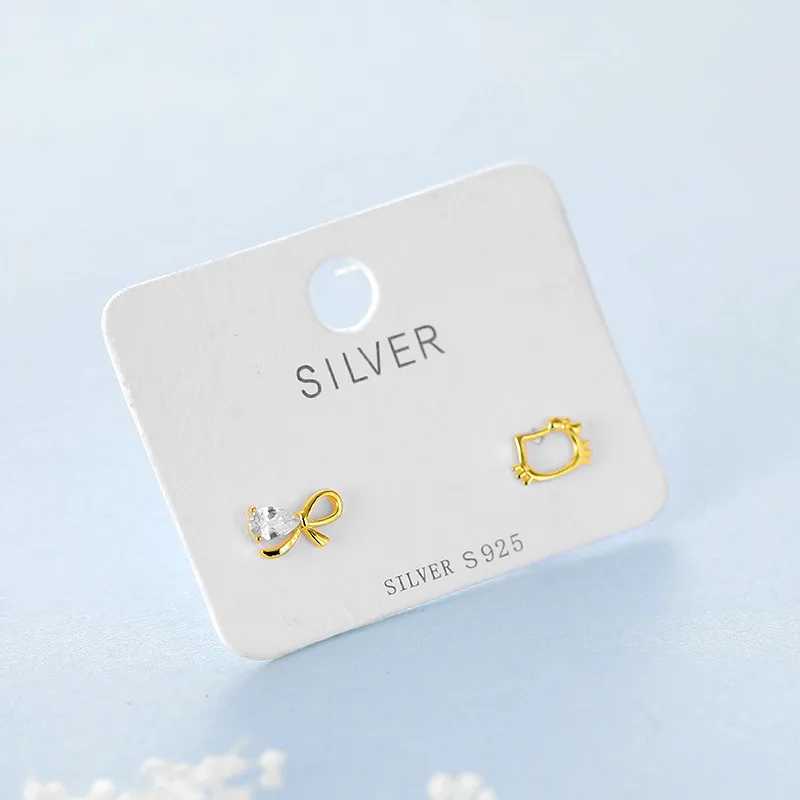 

Summer new s925 sterling silver earrings female cute cat bow asymmetrical earrings simple student earrings
