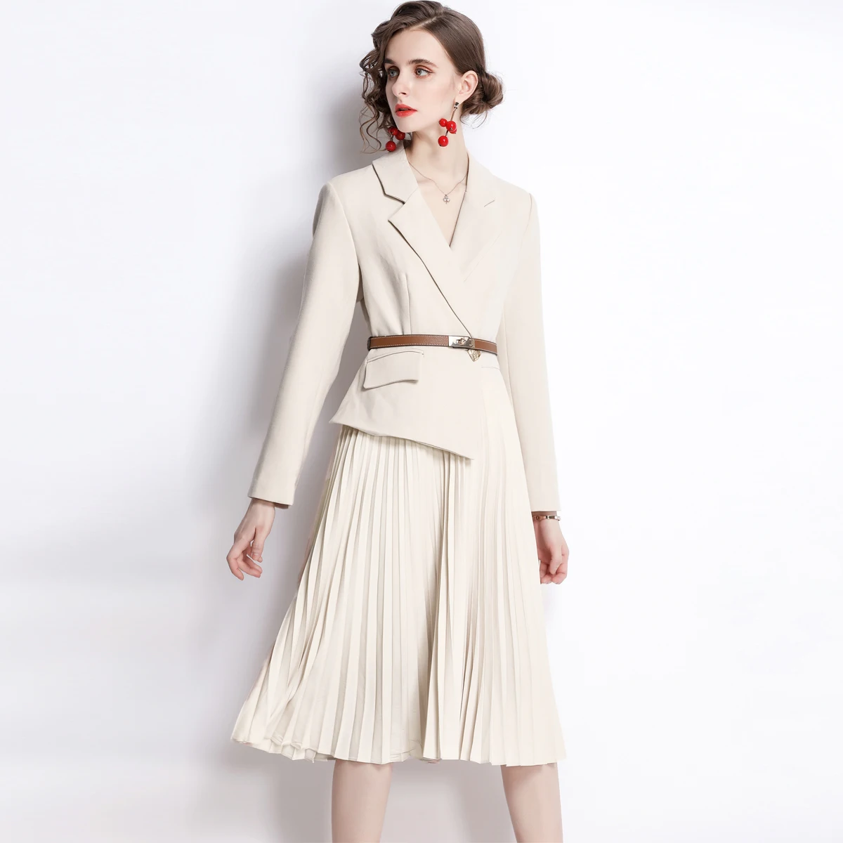 

2021 Runway Fashion Elegant Fake Two-piece Pleated Dress Women Autumn Vintage Ladies Long Sleeve Casual Belt Blazer Mid Dress