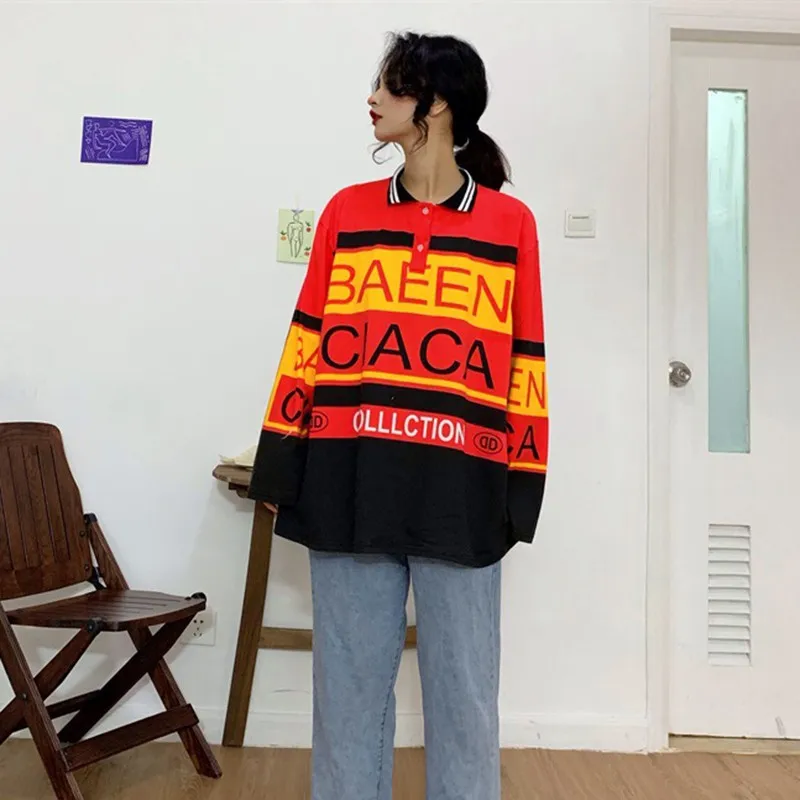 Осенняя Женская голографическая футболка Корейская Повседневная рубашка-поло с