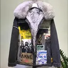 Женская джинсовая куртка с принтом, теплая куртка из натурального меха лисы и подкладка из кроличьего меха, с мультяшным принтом, для зимы, F2271