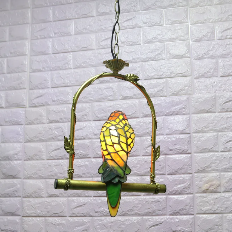 Витражный стеклянный светильник в виде попугая античный художественный