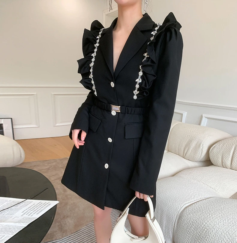 

Runway Black Patchwork Diamonds Casual Women's Dresses 2021 Notched Long Sleeve Gathered Waist Mini Dress 2021 Fashion New