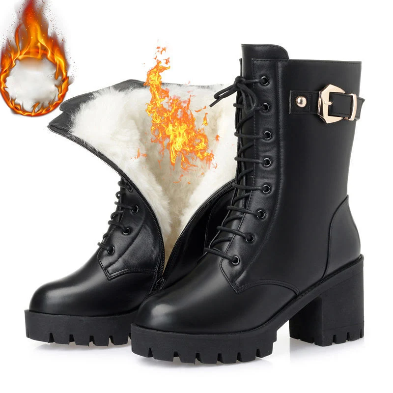 

Big Size 35-42 Women Boots Black High Heels 2020 Winter Warm Shoes Female Mid Calf Snow Botas with Fur Fashion Platforms Punk