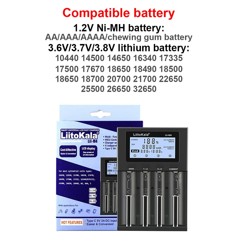liitokala lii m4 charger 18650 lcd display universal 2021 new smart charger test capacity for 26650 18650 21700 aa aaa etc 4slot free global shipping