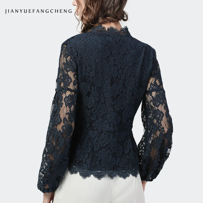 Women Lace Blouses Close-fitting Tops Long Sleeve V-Neck Hollow Out Hook Floral Solid Color Elegant Vintage Ladies Casual Shirts | Женская