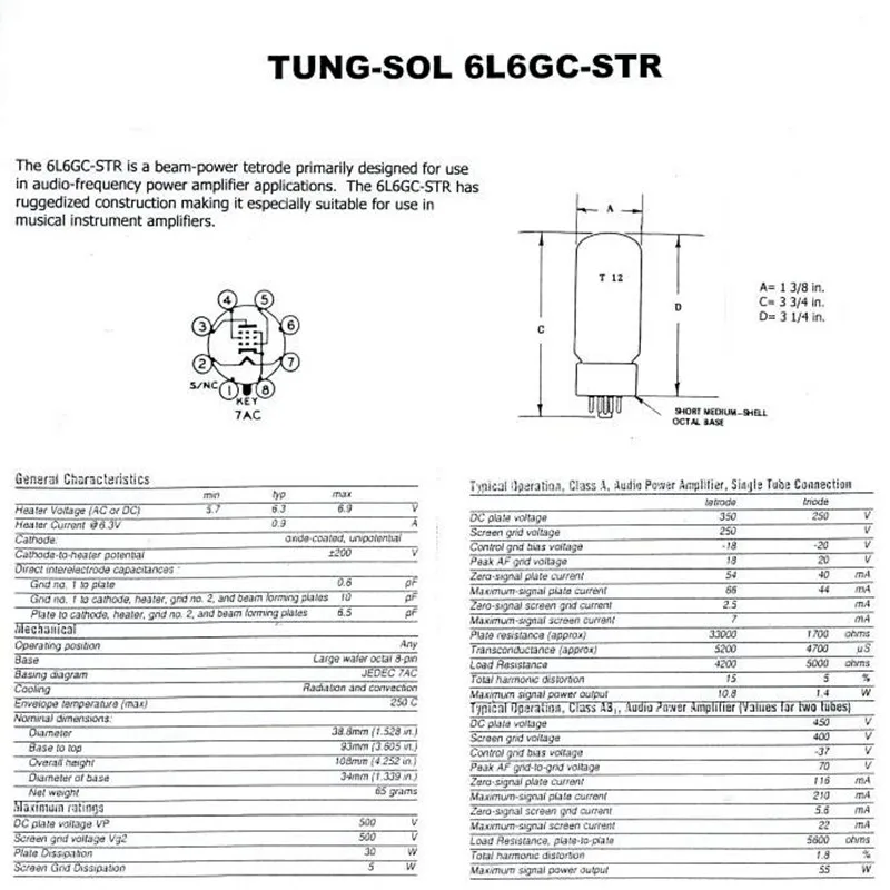 Вакуумная трубка TUNG-SOL 6L6GC замена 6P3P 5881 заводское тестирование и соответствие |