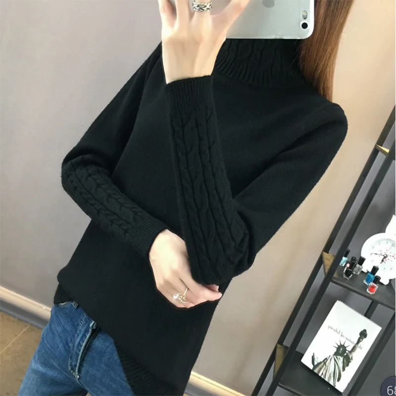 Women Winter Sweater New Sleeve Elastic Knit Large Size Pullover Female Turtleneck Solid Color Long Casual Sweate | Женская одежда