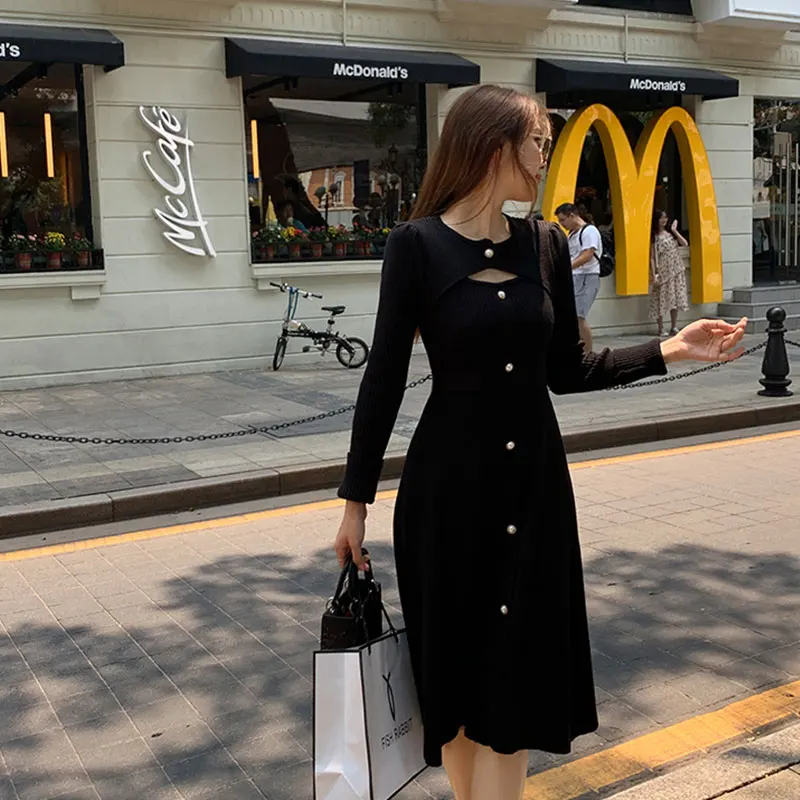 

JXMYY Thick Slim Knit Skirt Autumn Wear 2020 Spring and Autumn New Products Hollow Lace Mid-length Dress Women