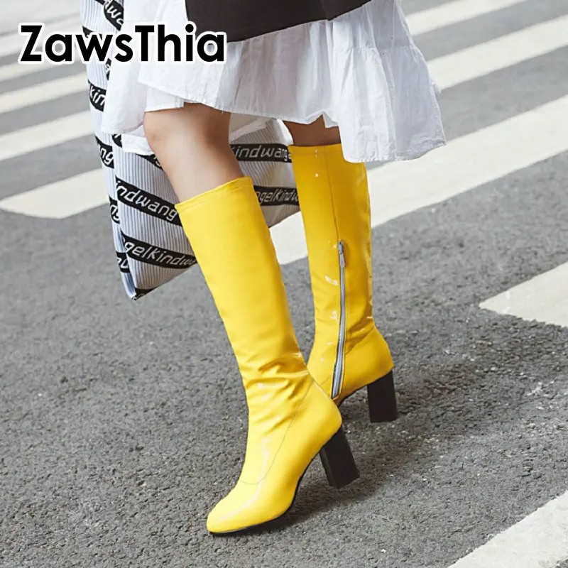 ZawsThia-Botines hasta la rodilla de tacón alto para mujer, botas elásticas de charol, de piel sintética brillante, colores verde, amarillo, rojo, naranja y negro