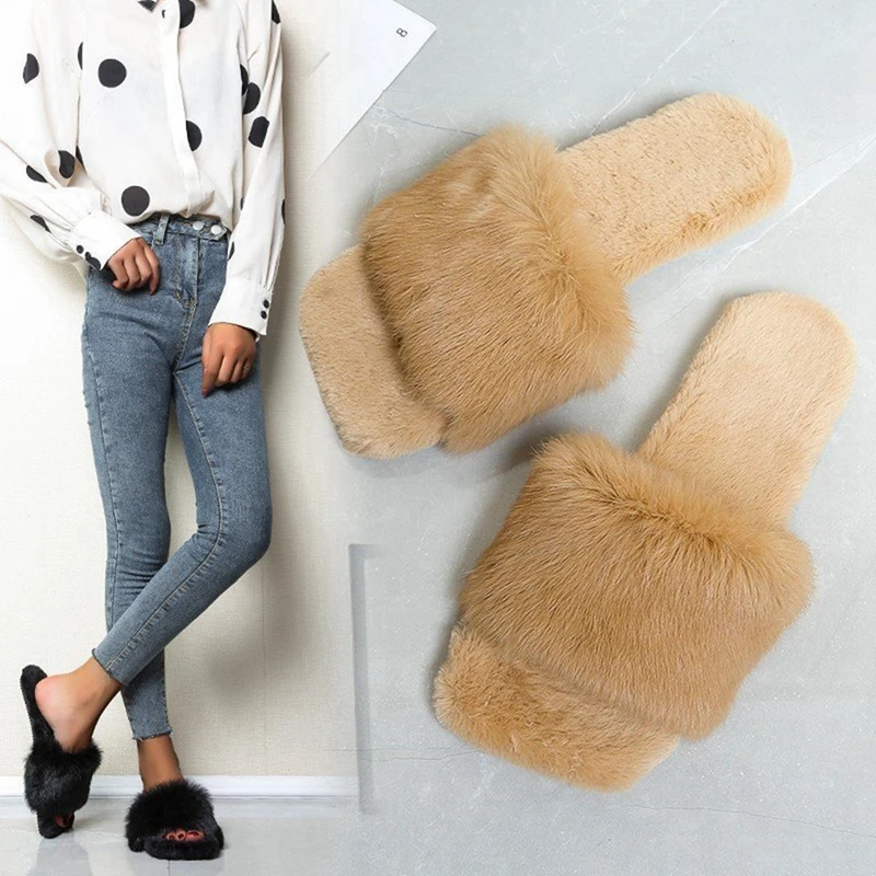 

Autumn And Winter New Korean Version Of The Flat Bottom Set Feet A Word Drag Warm Fur Slippers Female Anti-slip Plush Shoes