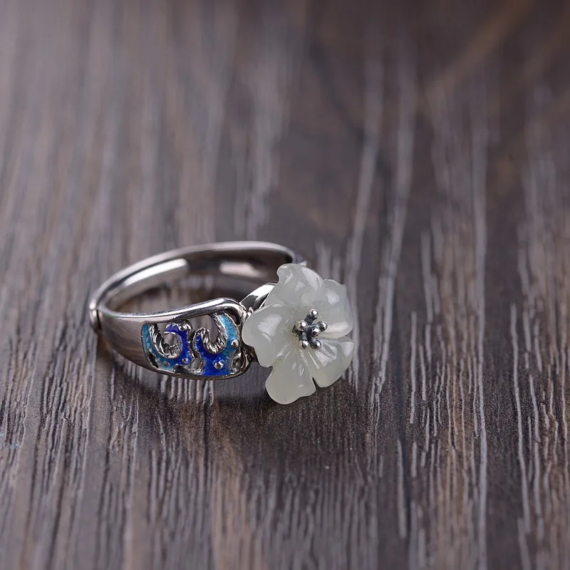

FNJ Hetian Jade Rings 925 Silver Adjustable Size Popular S925 Solid Silver Ring for Women Jewelry Fine Flower