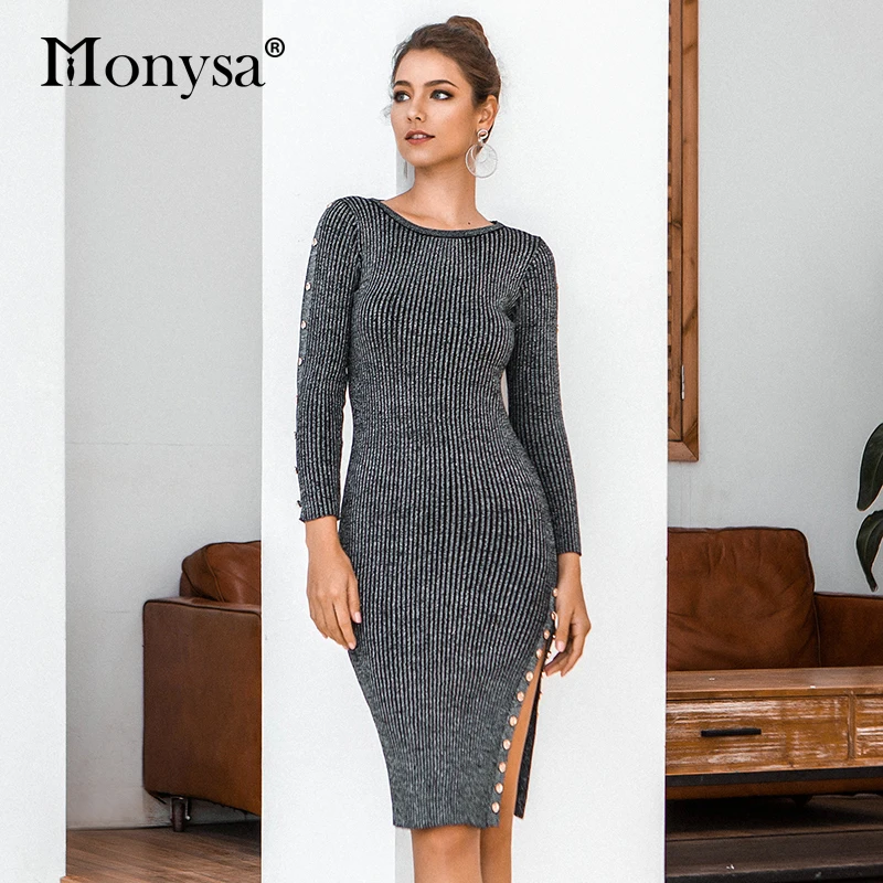 Трикотажное облегающее платье женское осеннее свитер с длинным рукавом