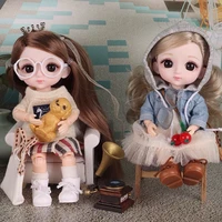 new 14 movable jointed bjd doll toys 18 16 cm mini lovely 3d eyeball long hair dress up doll with glasses bags for girls gift