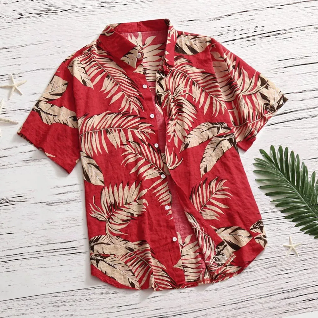 

Men Summer Shirt Beach Style Green Leaves Printed Hawaiian Shirts Casual Short Sleeve Turn Down Collar Blouses Tops Camisa Homme
