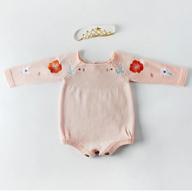 

0-2Yrs Baby Girls Rompers Baby Clothes Long Sleeve Embroider Knit Rompers Infant Girls Rompers