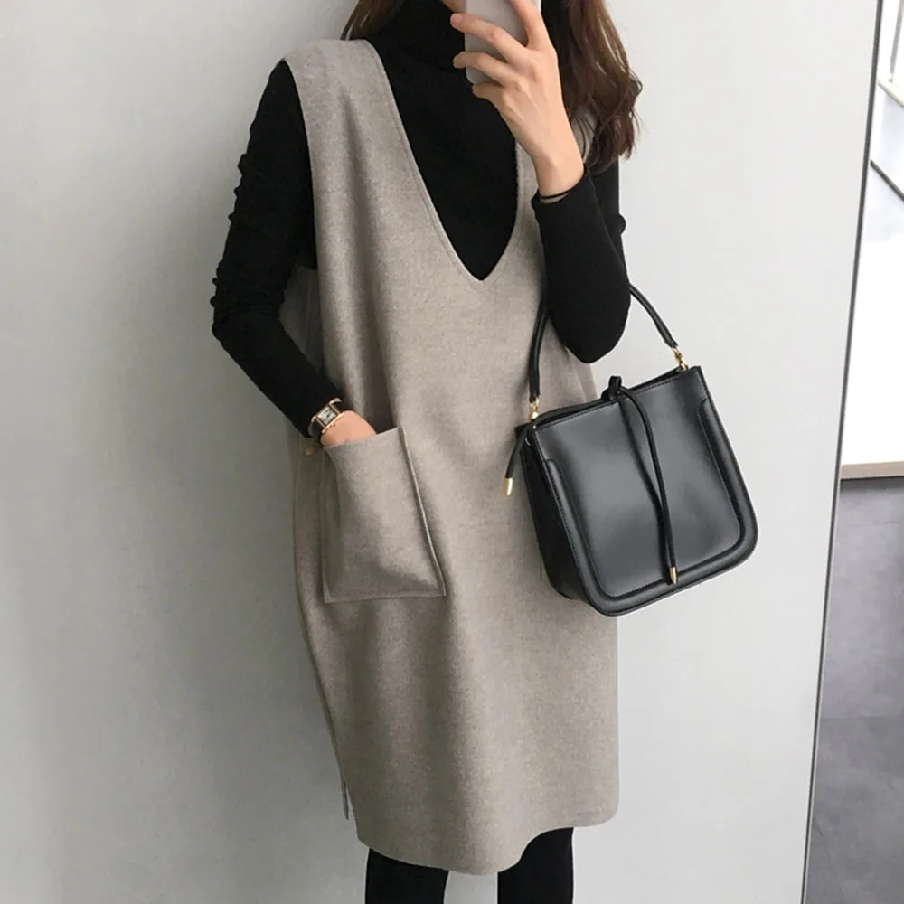 

Women Short Vest Dress Sleeveless Autumn Winter Loose Japanese Style Pocket V-Neck Casual Dresses Fashion Simple Female Vestidos