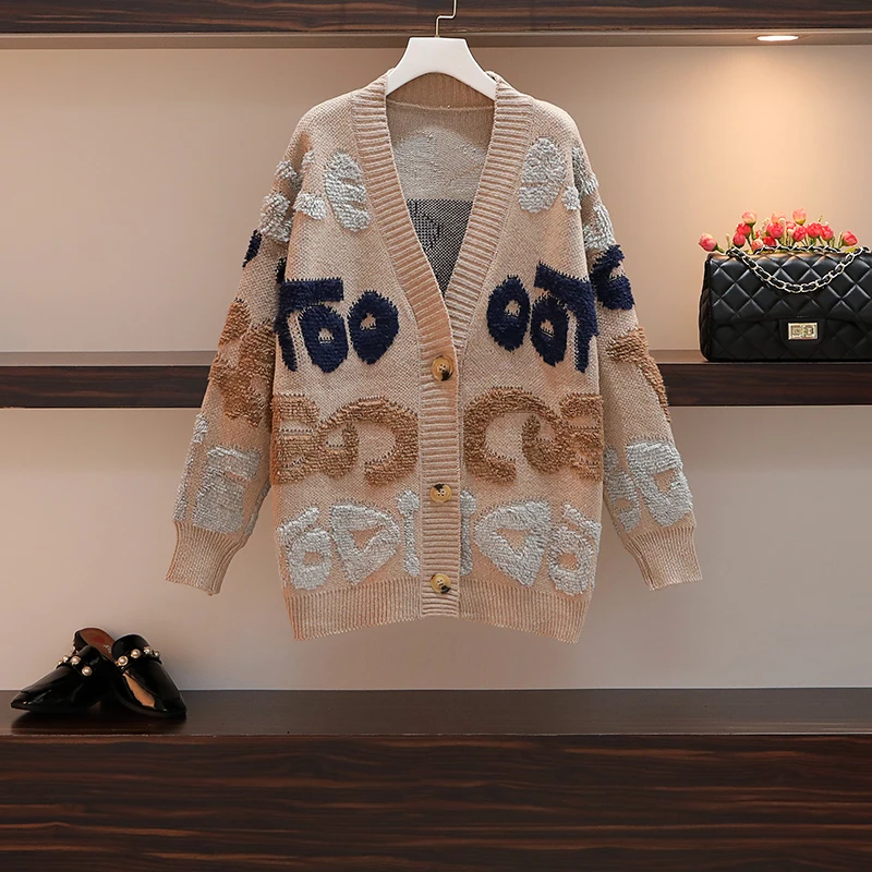 

Women Winter Sweater Coat V neck Single Breasted Argyle Knit Jackets Oversized Korean Warm Thick Winter Cardigans Girl