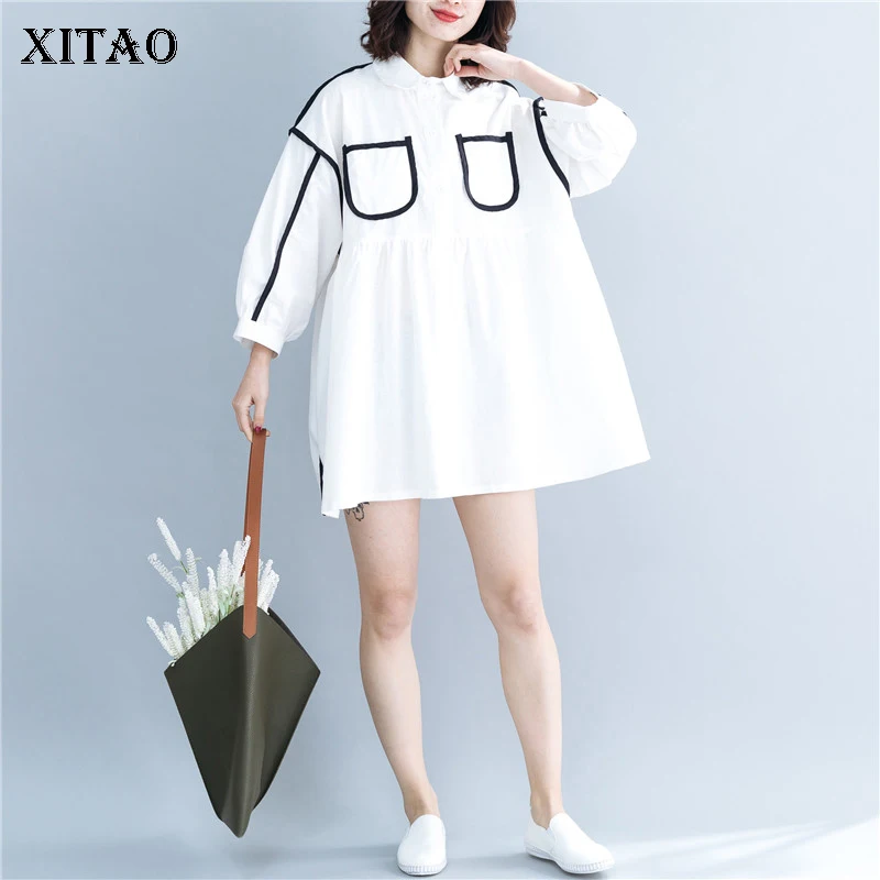 XITAO лоскутное мини платье с карманами и отложным воротником свободное