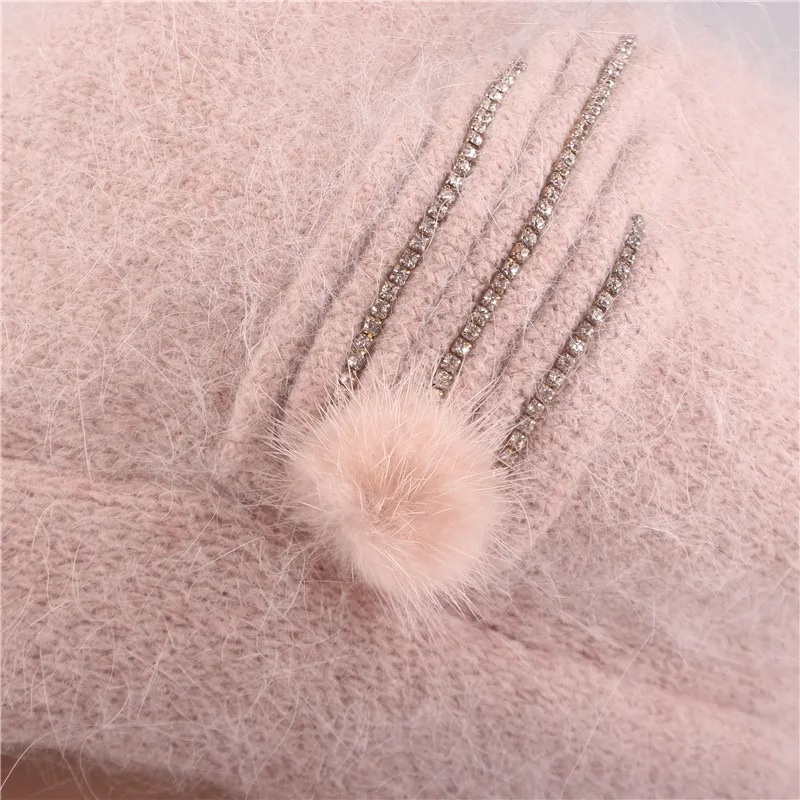 

New Girls Hat Knitted Winter Hat Beret Hat For Girl Angola Rabbit Fur Fashion Beanie Cap With Brim