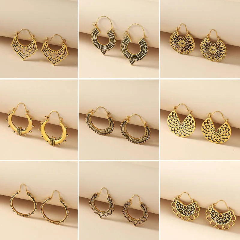 

Vintage Ethnic New Fashion Hoop Earrings For Women Bohemian Hollow Carved Gold Irregular Drop Earring Jewelry Accessories Gifts