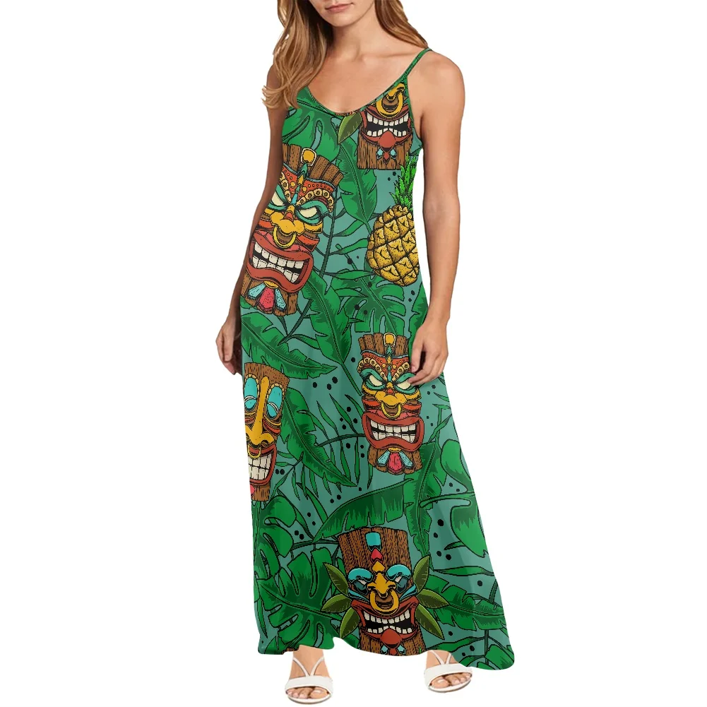 

Hot Art Vintage Totem Prints Plus Size Women Dress Casual Sleeveless Off Shoulder Tropical Palm Leaf Collage Pattern Long Dress