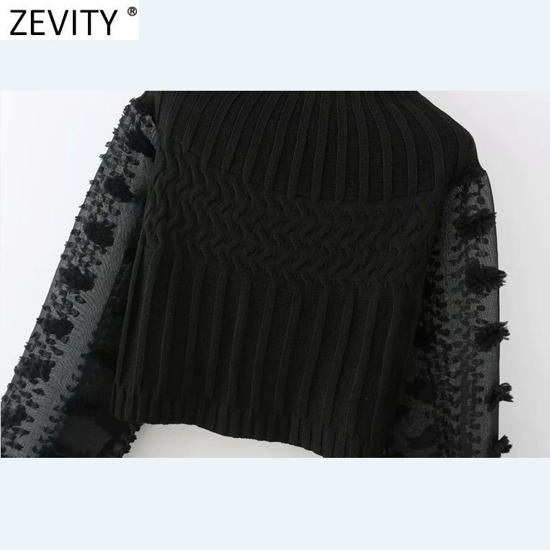 Zevity 2021 New Women Fashion Appliques Chiffon Lantern Sleeve Patchwork Short Knitting Sweater Ladies Chic Pullovers Tops S631