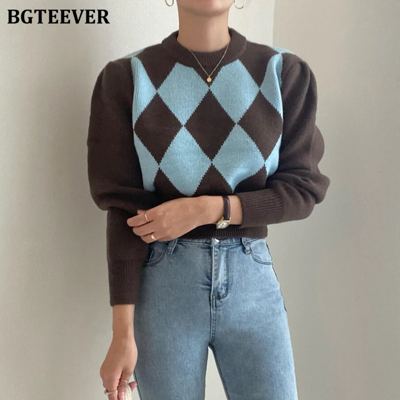 

BGTEEVER Autumn Winter Thicken Argyle Ladies Sweaters Jumpers O-neck Long Sleeve Loose Casual Female Knitted Pullovers Tops 2021