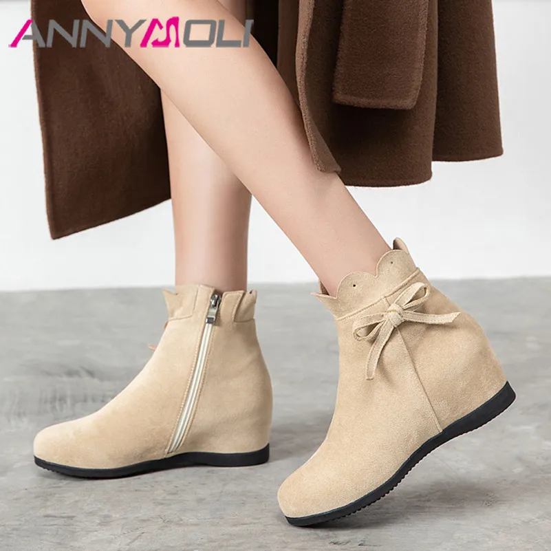 

ANNYMOLI Woman Boots High Heel Ankle Boots Bow Zip Shoes Height Increasing Heel Female Short Boots Autumn Winter Beige Size 43