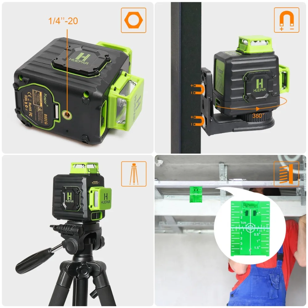 Самонивелирующийся лазерный уровень Huepar 2x360 пересечение линий зеленый луч литий