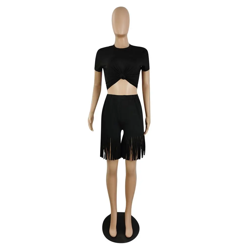 

Black/red Tassels Patchwork 2 Piece Set Summer Vacation Clothes O Neck Short Sleeve T-shirts and Beachwear Shorts Female Outfit