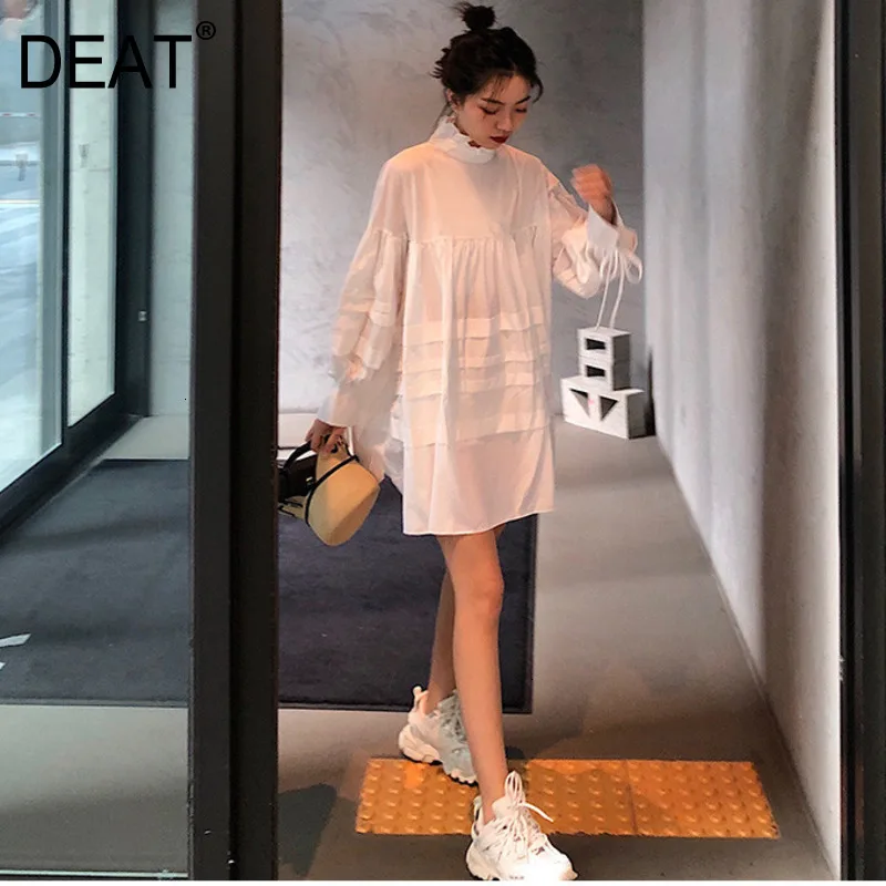 Женское Свободное платье с рукавами фонариками DEAT белое прямое свободного