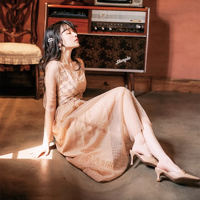 Женское платье с длинным рукавом Сетчатое вышивкой в горошек 2021 | Женская одежда