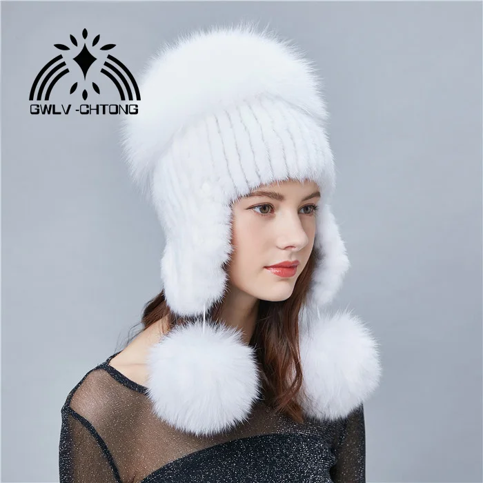 Новое подлинное натуральное вязаное Норковое меховая шапка с большим лисьим