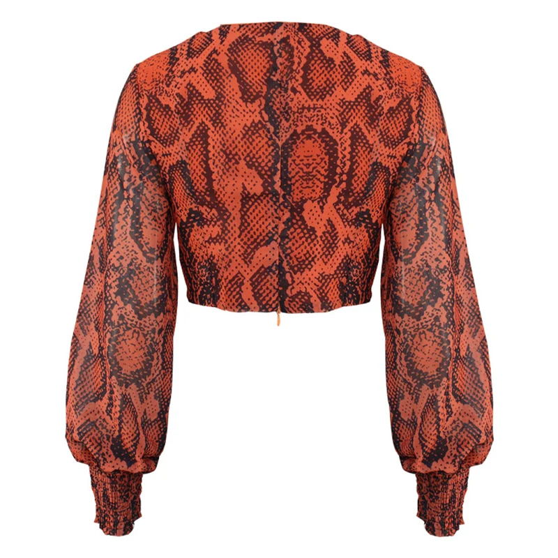Змеиная укороченная блузка для женщин с рукавом фонариком и высокой талией