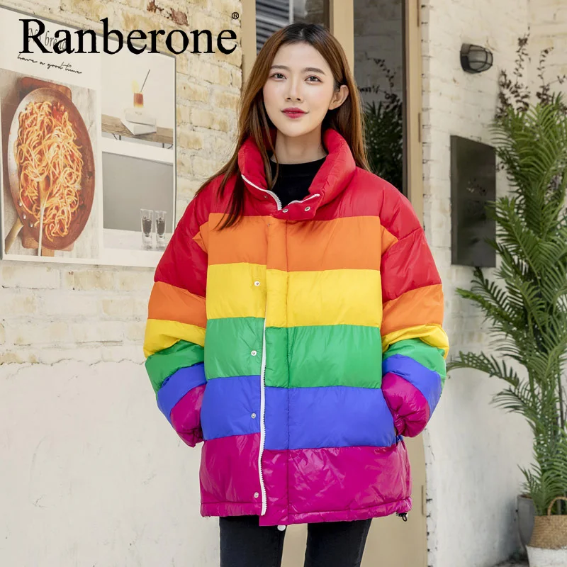 Ranberone Winter Jacket Women Hooded Parka Coat Rainbow Clothes Girl Cotton Outwear Warm Thick Casual Hooded Jacket Clothing