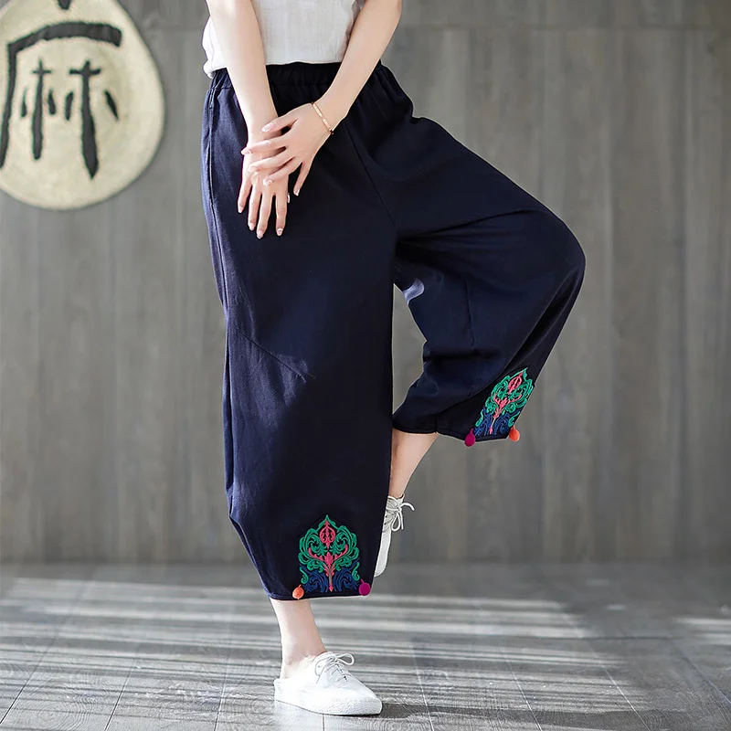 

National Style Square Dance Wide Leg Pants Female Summer Loose and Plus-sized Embroidered Cotton Linen Ankle-length Pants Casual