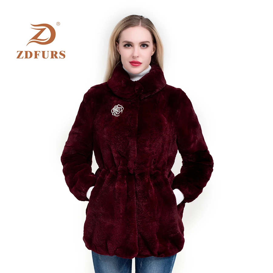 ZDFURS*real fur coat  High Quality Genuine Rex Rabbit Fur coat jacket with diamonds buttoon Natural Real Fur Coat Warm Lapel