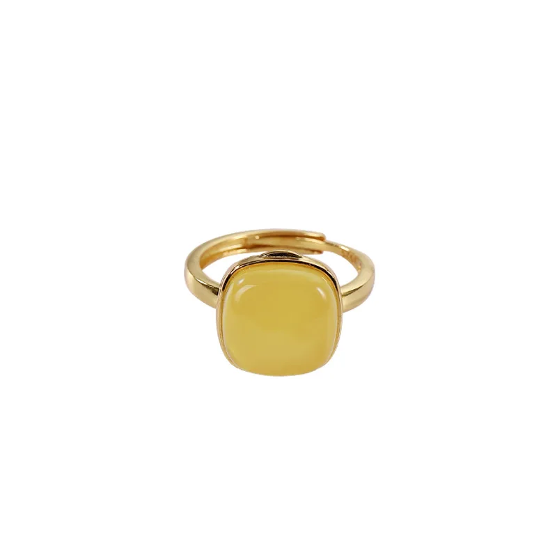 S925 sterling silver gold plated Natural Amber Beeswax Ring Retro Simple Can be opened Perfume bag Square ring