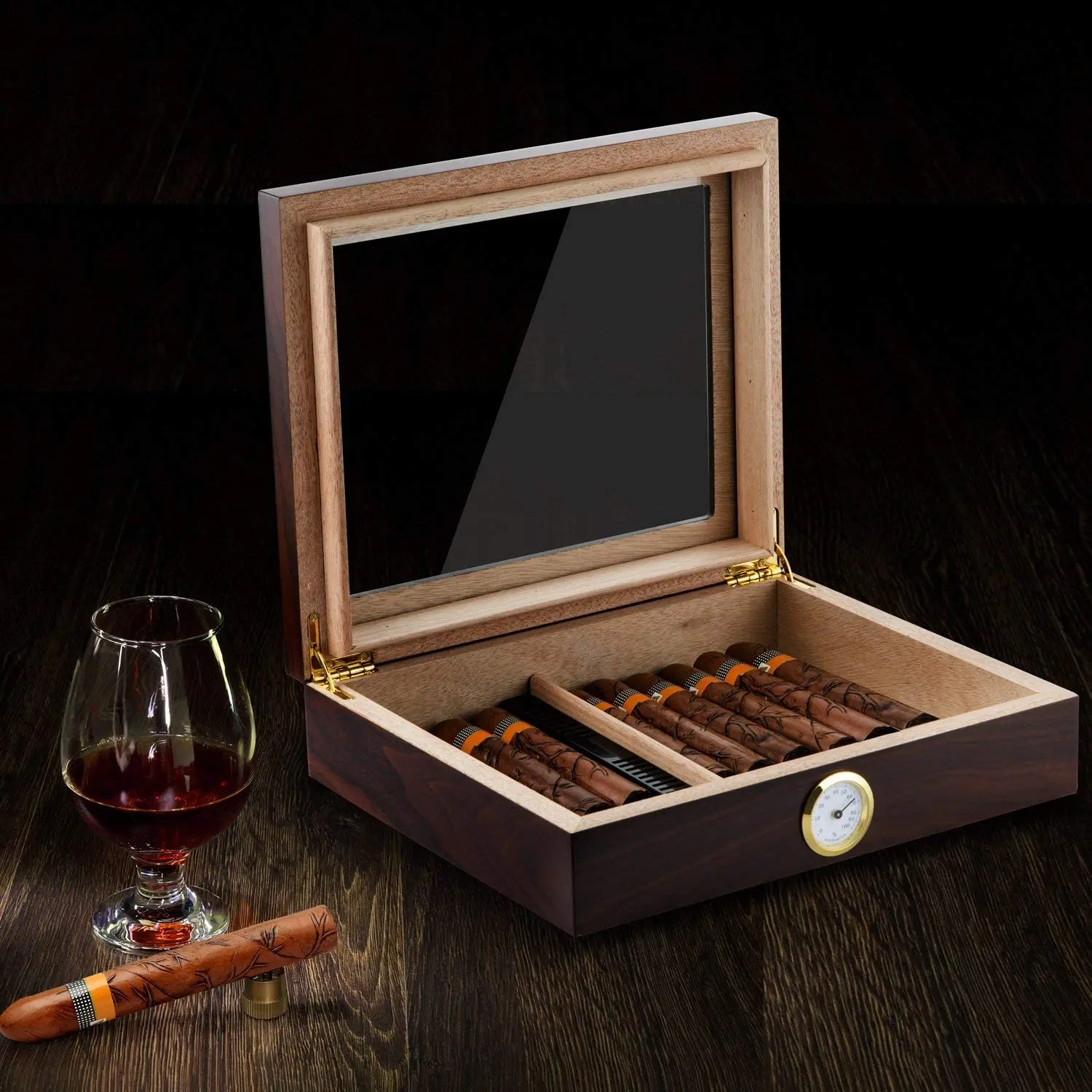 Caja de viaje de madera de cedro para cigarros, Humidificador port&aacute;til, higr&oacute;metro, caja de Sigaren-1