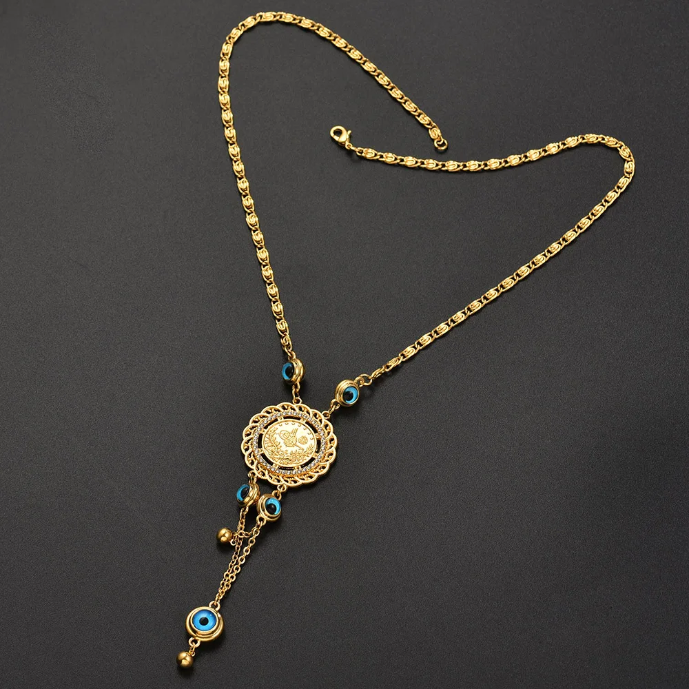 

New Fashion Golden Turkey Blue Eyes Demon Eyes Women Charm Pendant Necklace Islamic Muslim Luxury Jewelry Wholesale