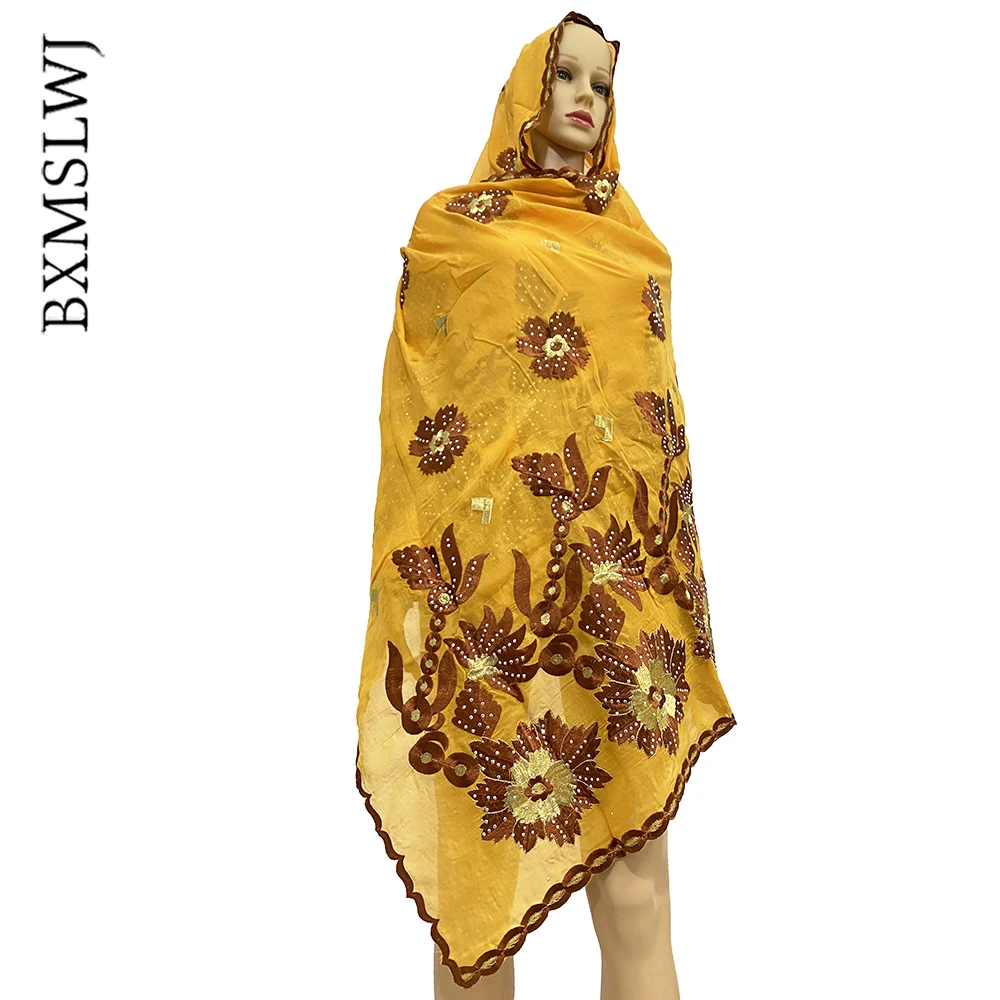 

Africa Muslim Fashion Scarf Hijabs Plain African Style Embroidery Flower and Set With Diamonds Fabric Cotton for Headband Lady